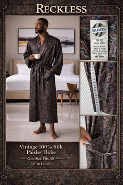 VTG Reckless 100% Silk Robe One Size Old Money, Paisley Pockets Med LG XL OS